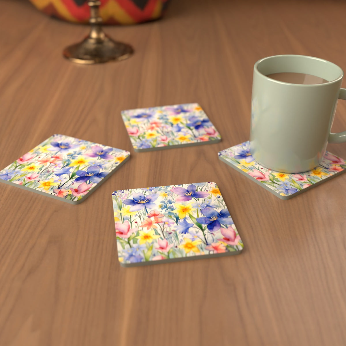 Watercolour Spring Flowers Square Glass Coasters – Set of 6 – cosy lifestyle mockup