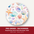 Watercolour Seashells & Starfish round ceramic coaster set of 6 – pre-order / backorder, dispatching mid to late November 2026