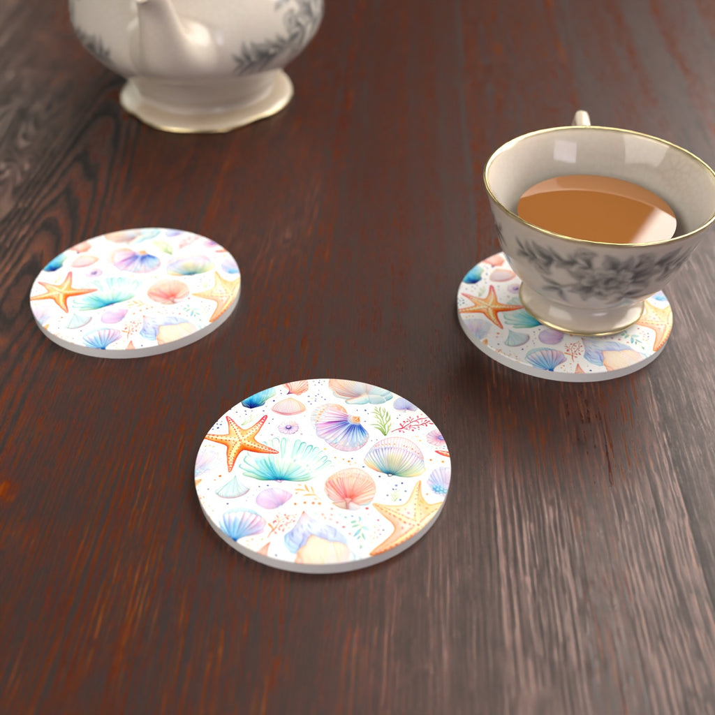 Watercolour Seashells & Starfish Round Ceramic Coasters – Set of 6 – lifestyle mockup with a teacup