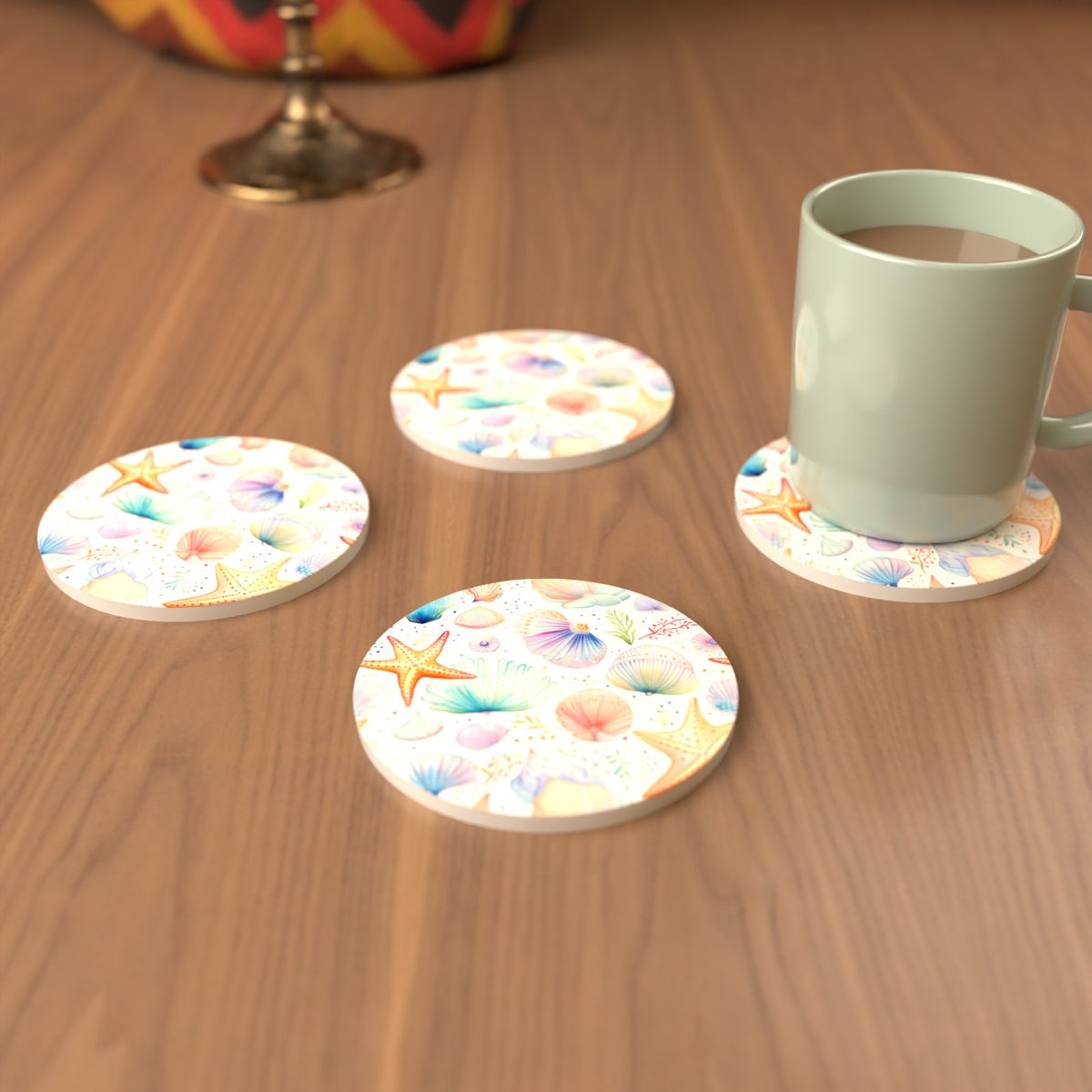 Watercolour Seashells & Starfish Round Ceramic Coasters – Set of 6 – cosy lifestyle mockup