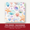 Watercolour Seashells & Starfish square glass coaster set of 6 – pre-order / backorder, dispatching mid to late November 2026