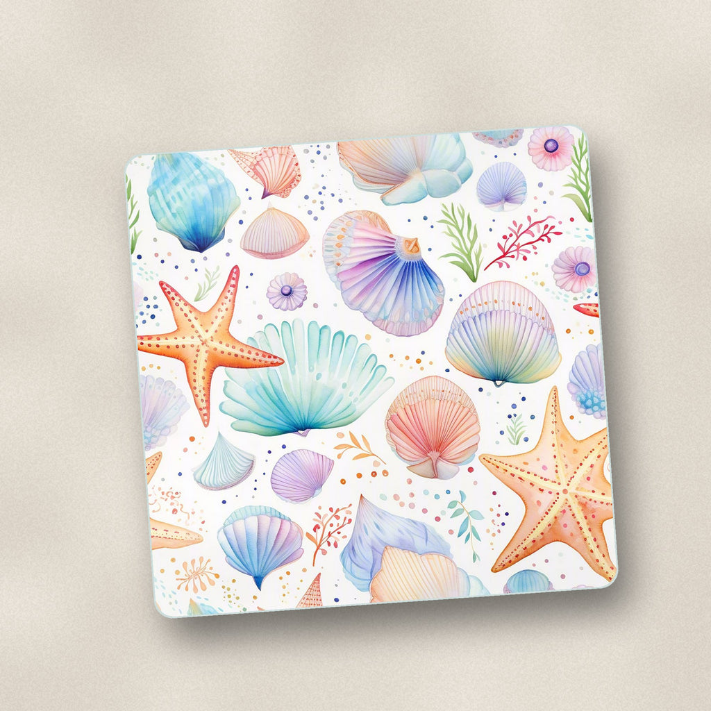 Close-up of one watercolour seashells & starfish square glass coaster, flat UV print