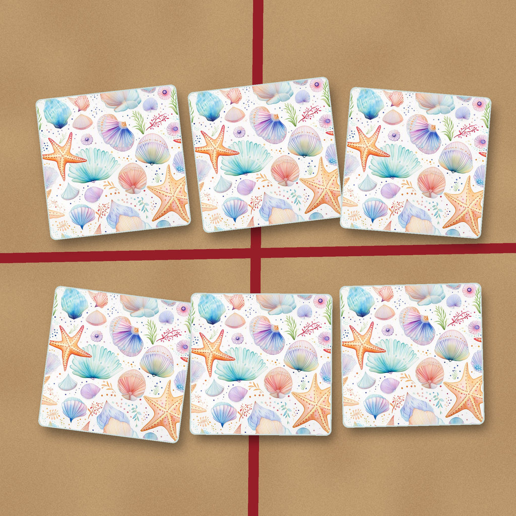 Watercolour Seashells & Starfish square glass coasters on kraft gift wrap