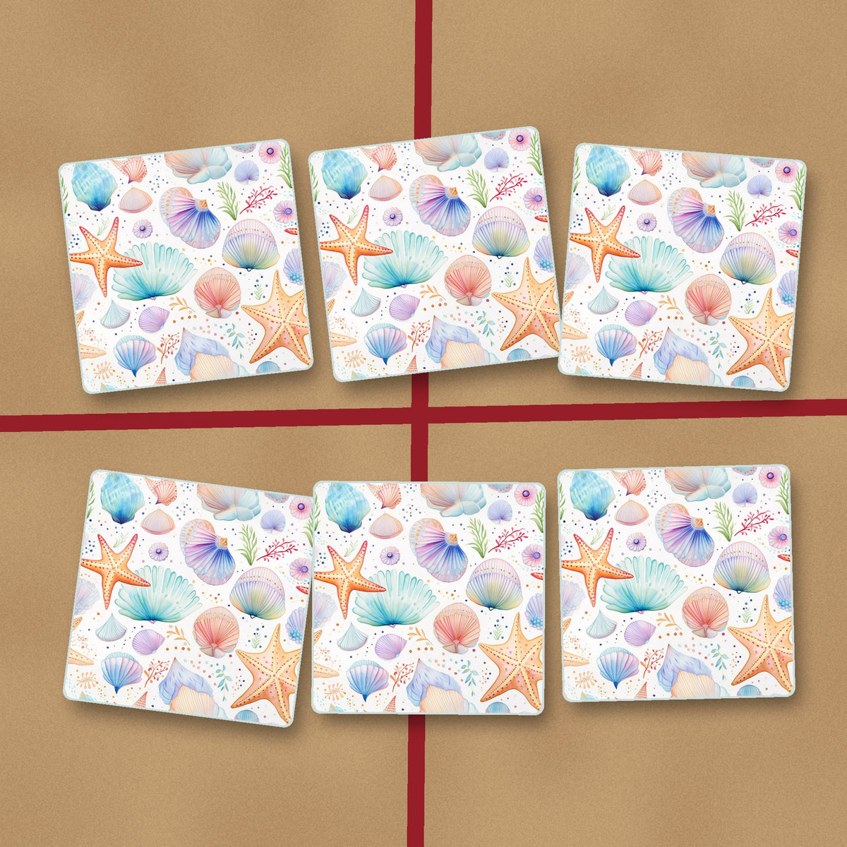 Watercolour Seashells & Starfish square glass coasters on kraft gift wrap