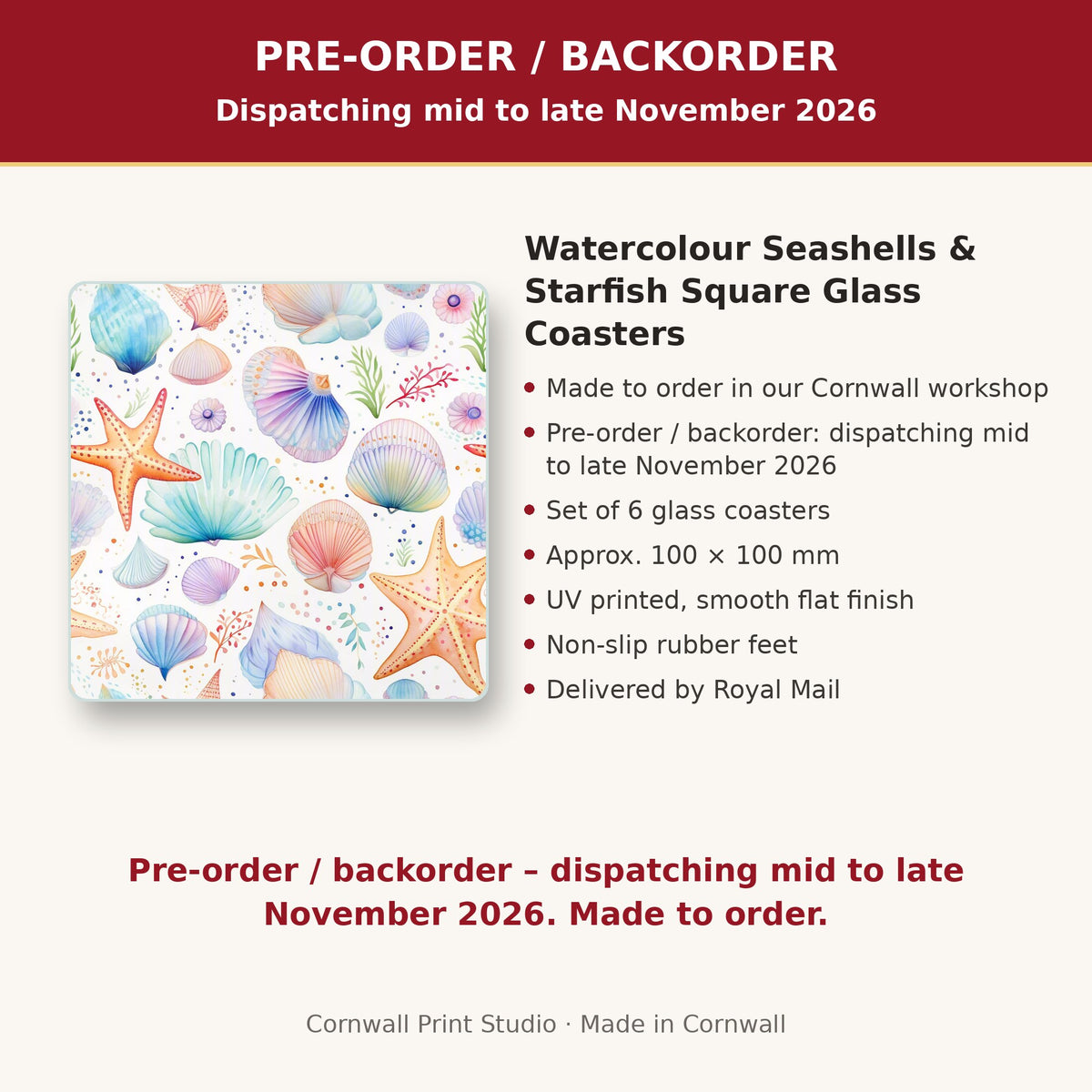 Info card: Watercolour Seashells & Starfish Square Glass Coasters – Set of 6, made to order, dispatching mid to late November 2026, delivered by Royal Mail