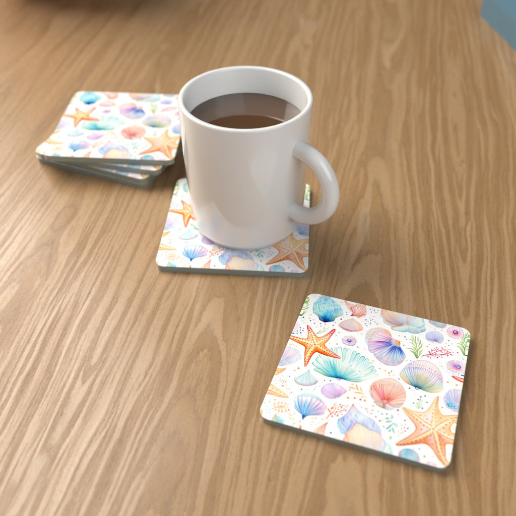 Watercolour Seashells & Starfish Square Glass Coasters – Set of 6 – lifestyle mockup with a mug of coffee