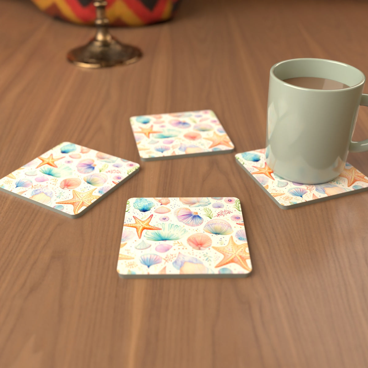 Watercolour Seashells & Starfish Square Glass Coasters – Set of 6 – cosy lifestyle mockup