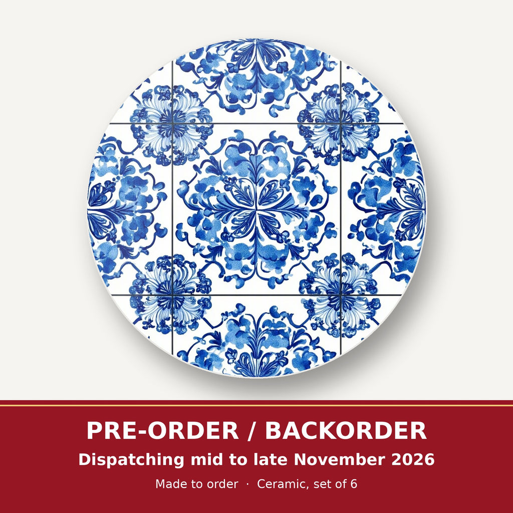 Blue & White Floral Tile round ceramic coaster set of 6 – pre-order / backorder, dispatching mid to late November 2026