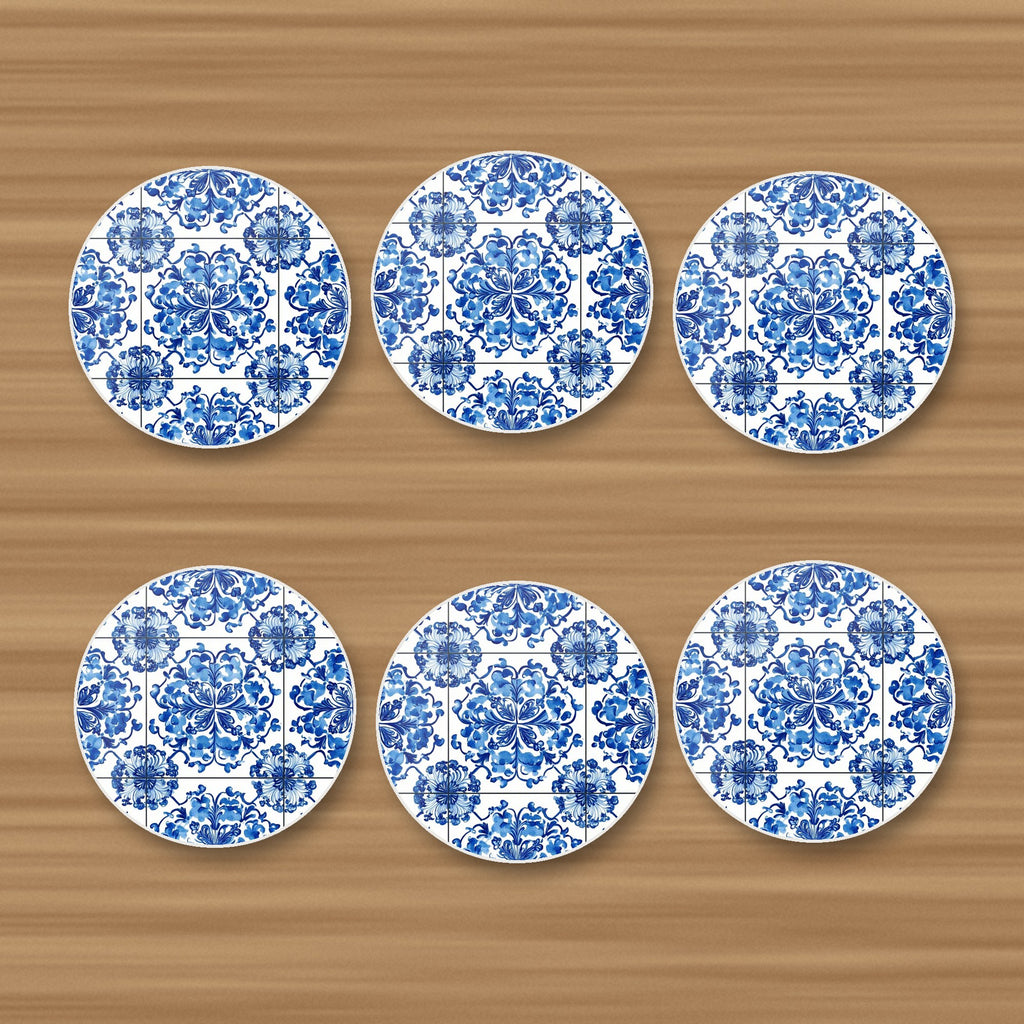 Blue & White Floral Tile round ceramic coasters, set of 6, on an oak coffee table