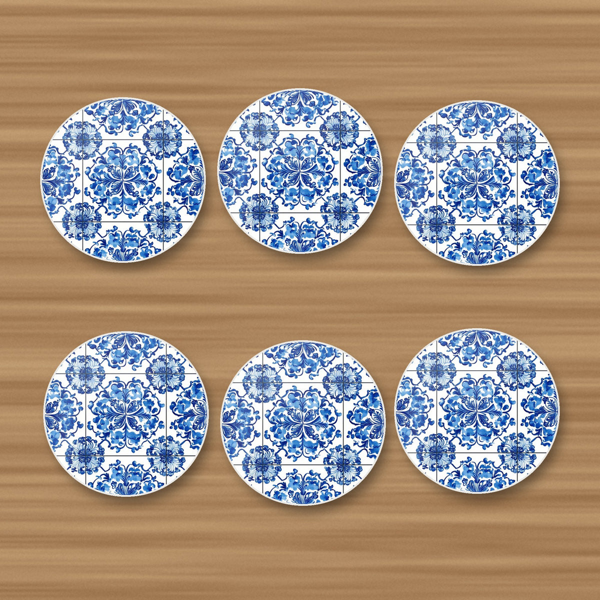 Blue & White Floral Tile round ceramic coasters, set of 6, on an oak coffee table