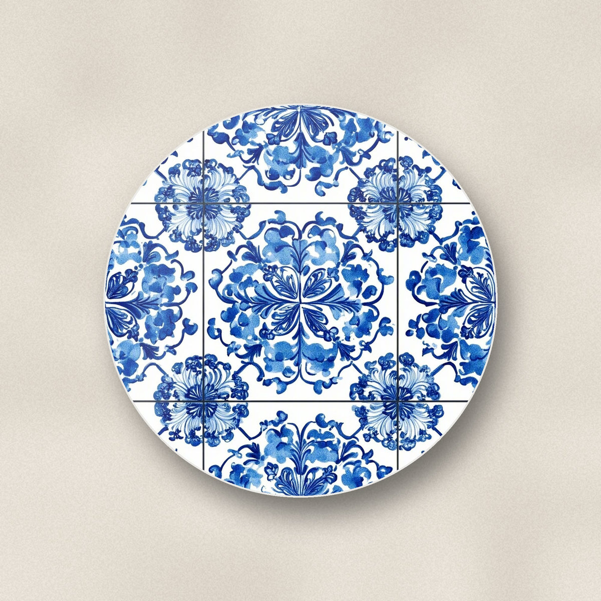 Close-up of one blue & white floral tile round ceramic coaster, flat UV print