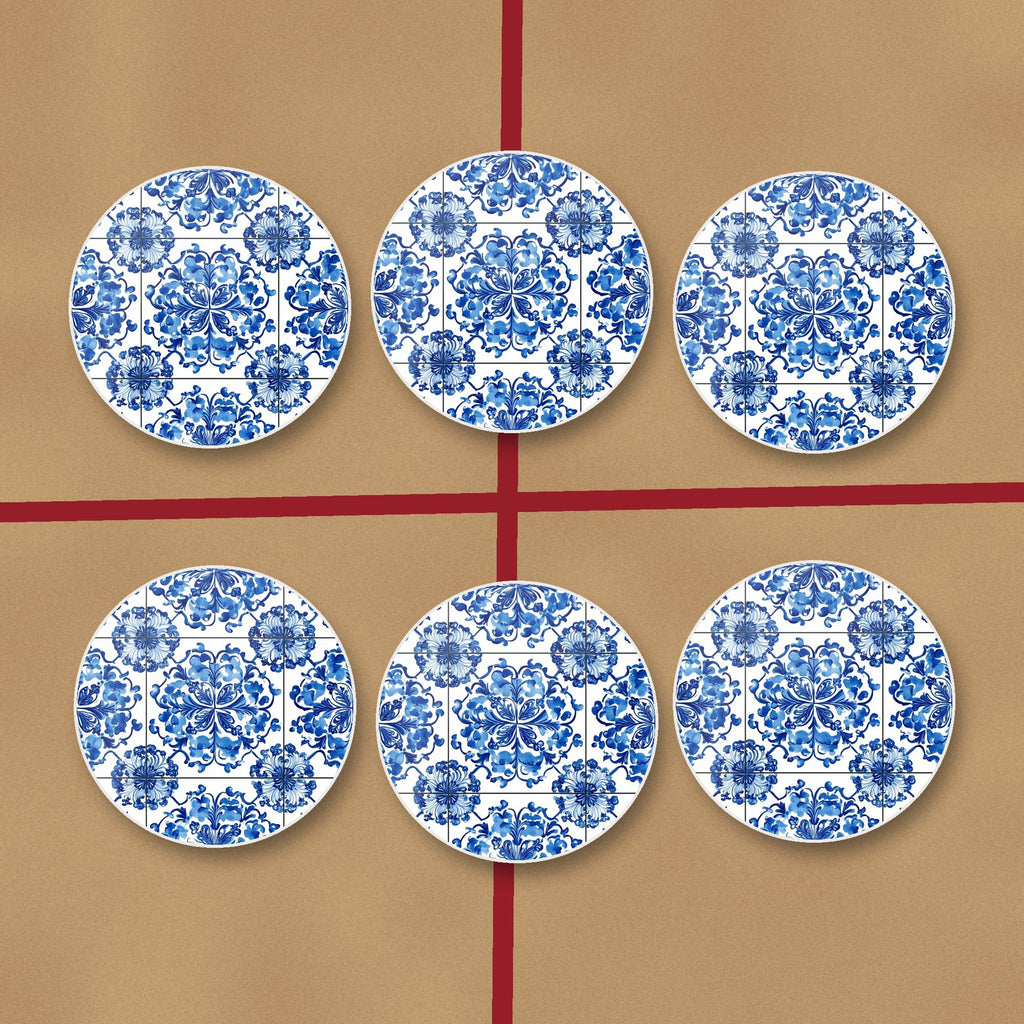 Blue & White Floral Tile round ceramic coasters on kraft gift wrap