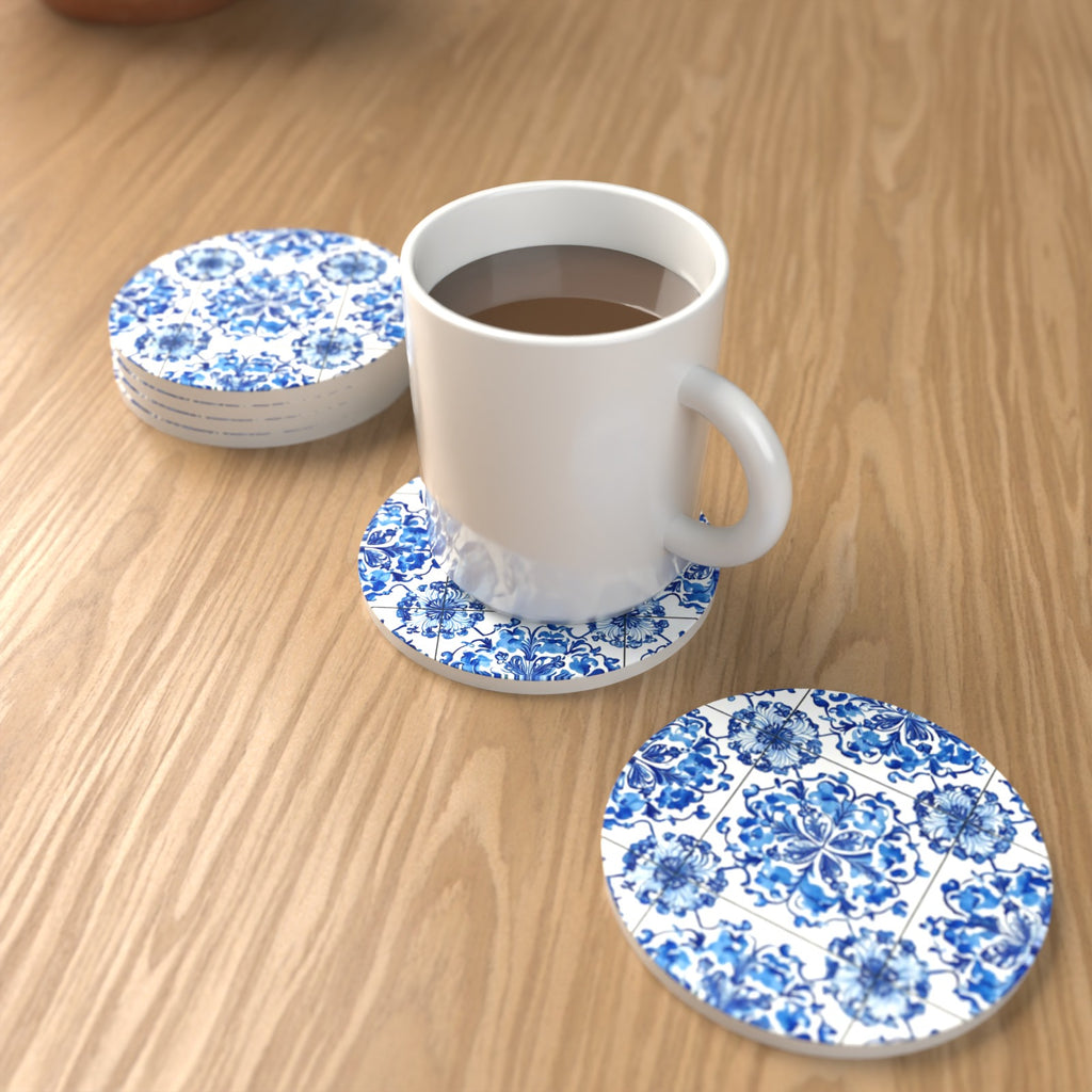 Blue & White Floral Tile Round Ceramic Coasters – Set of 6 – lifestyle mockup with a mug of coffee
