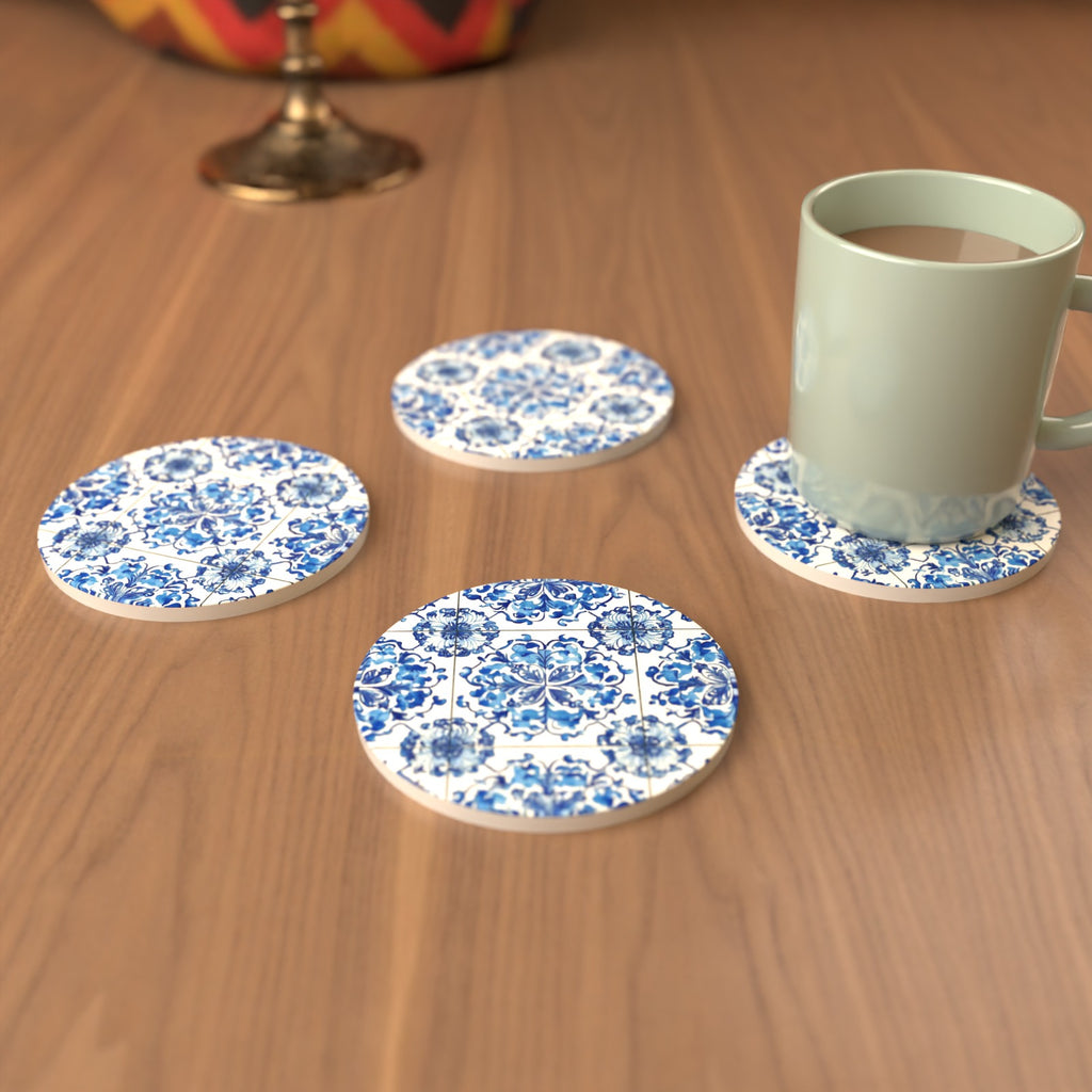 Blue & White Floral Tile Round Ceramic Coasters – Set of 6 – cosy lifestyle mockup