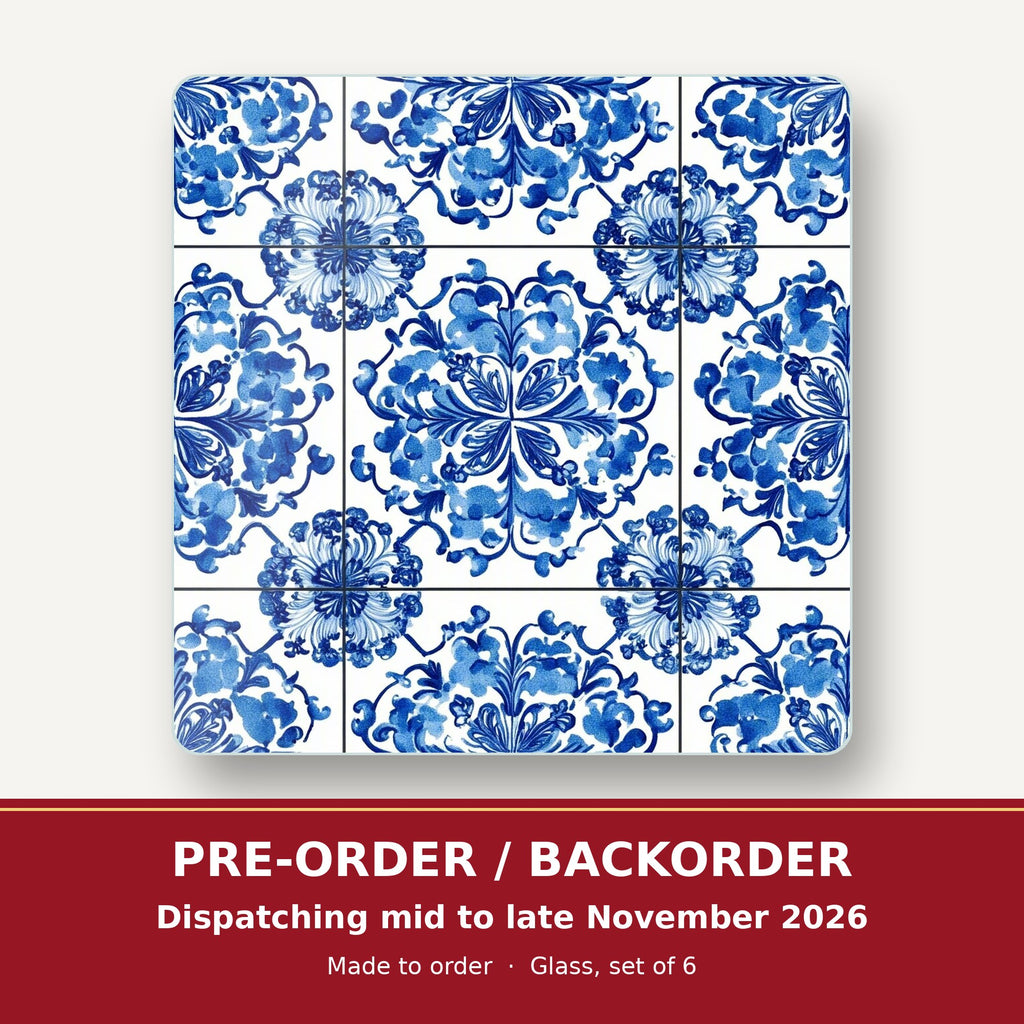 Blue & White Floral Tile square glass coaster set of 6 – pre-order / backorder, dispatching mid to late November 2026