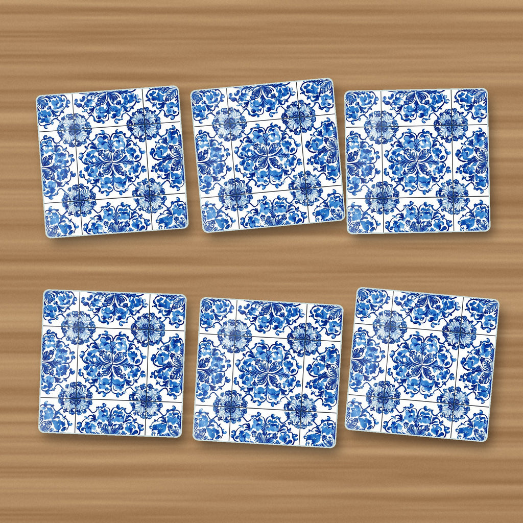 Blue & White Floral Tile square glass coasters, set of 6, on an oak coffee table