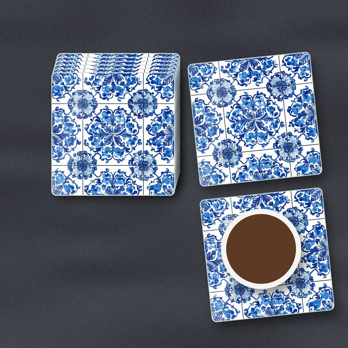 Blue & White Floral Tile square glass coasters stacked on a slate kitchen worktop