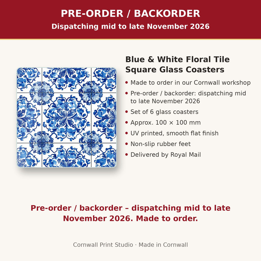 Info card: Blue & White Floral Tile Square Glass Coasters – Set of 6, made to order, dispatching mid to late November 2026, delivered by Royal Mail