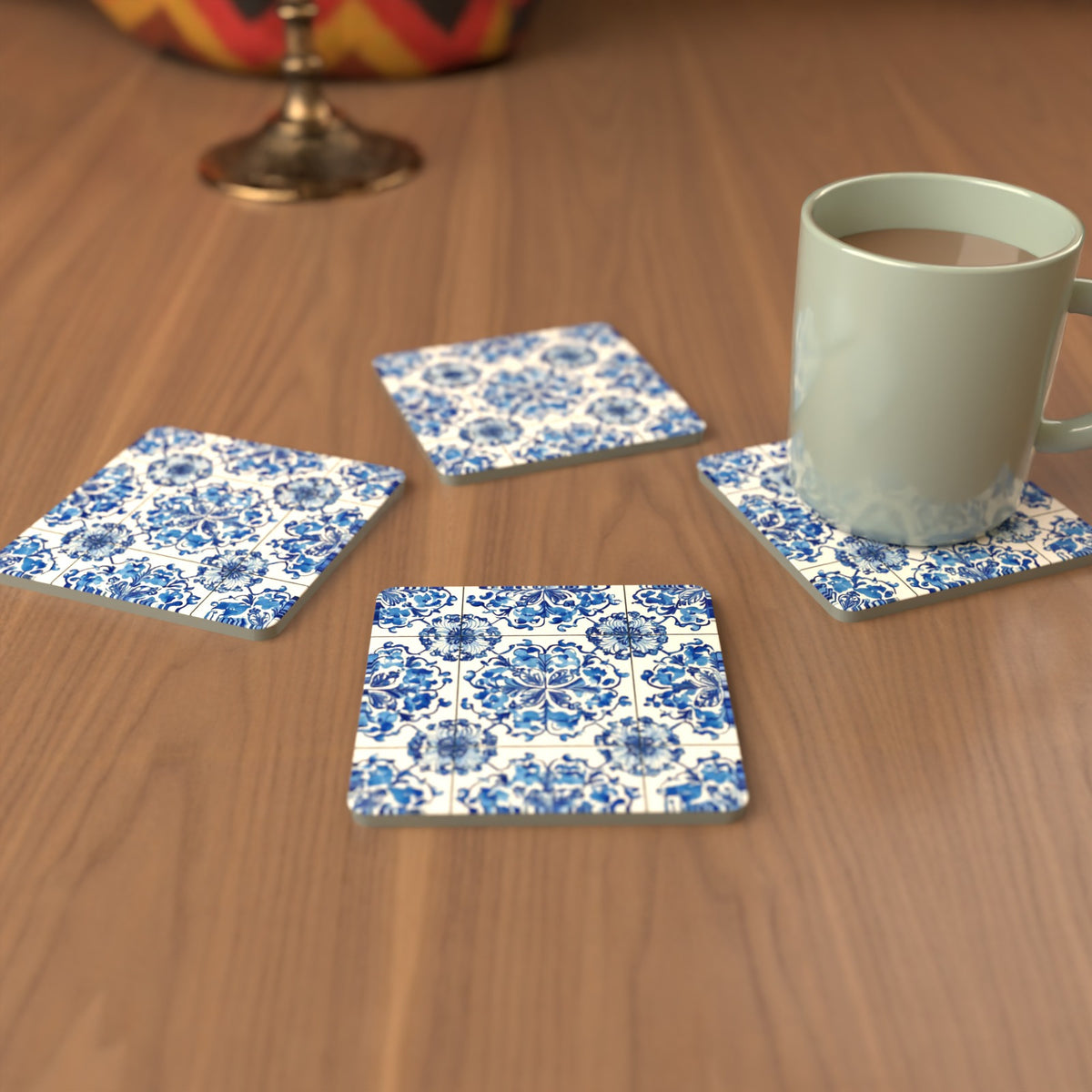 Blue & White Floral Tile Square Glass Coasters – Set of 6 – cosy lifestyle mockup