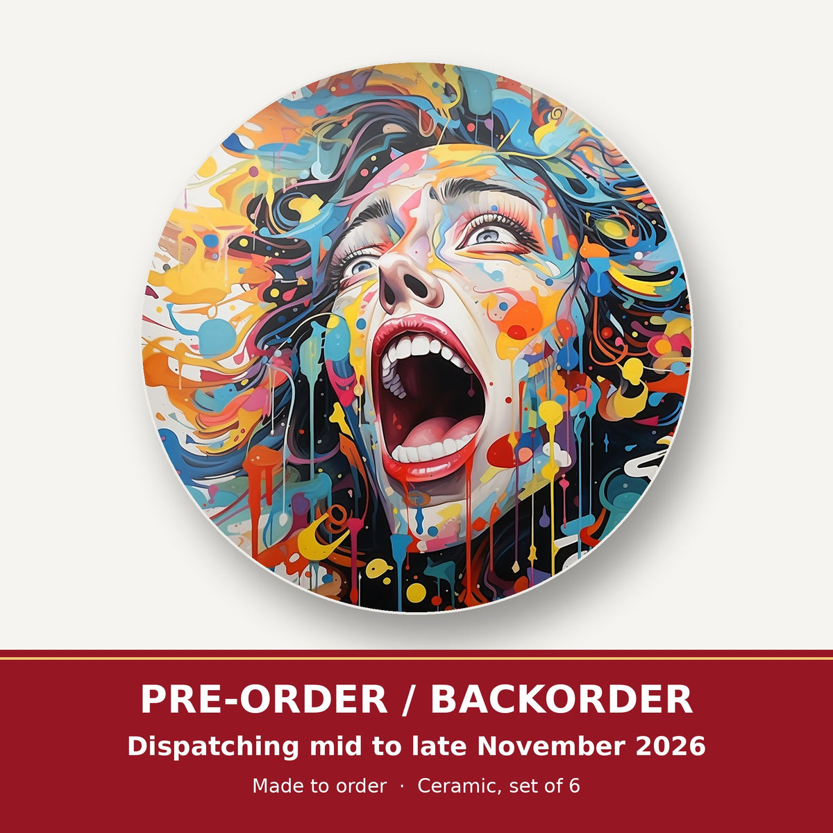 Graffiti Expressionist Face round ceramic coaster set of 6 – pre-order / backorder, dispatching mid to late November 2026