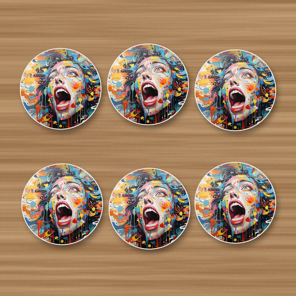 Graffiti Expressionist Face round ceramic coasters, set of 6, on an oak coffee table