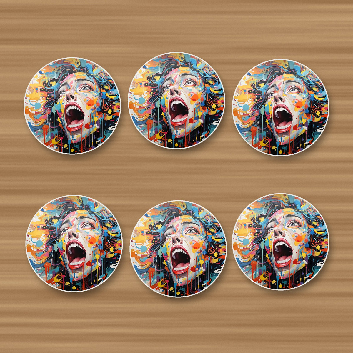 Graffiti Expressionist Face round ceramic coasters, set of 6, on an oak coffee table