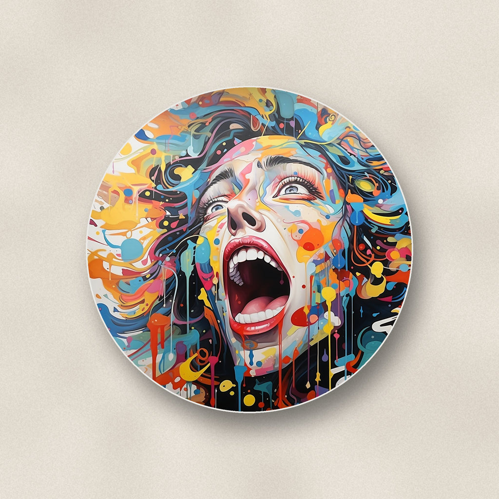 Close-up of one graffiti expressionist face round ceramic coaster, flat UV print