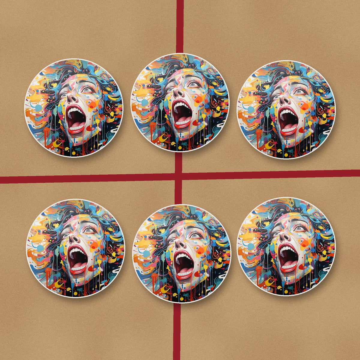 Graffiti Expressionist Face round ceramic coasters on kraft gift wrap