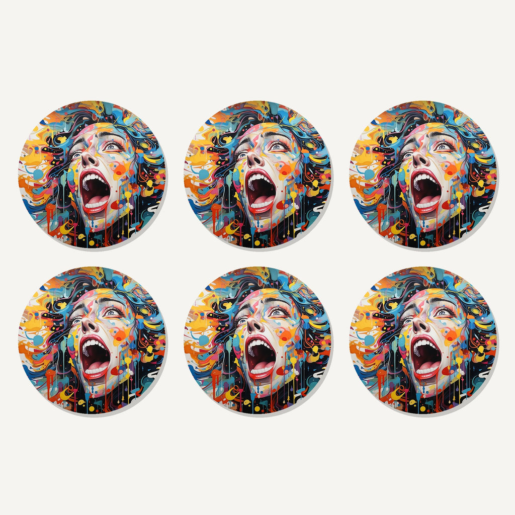 Flat lay of the graffiti expressionist face artwork on six round coasters