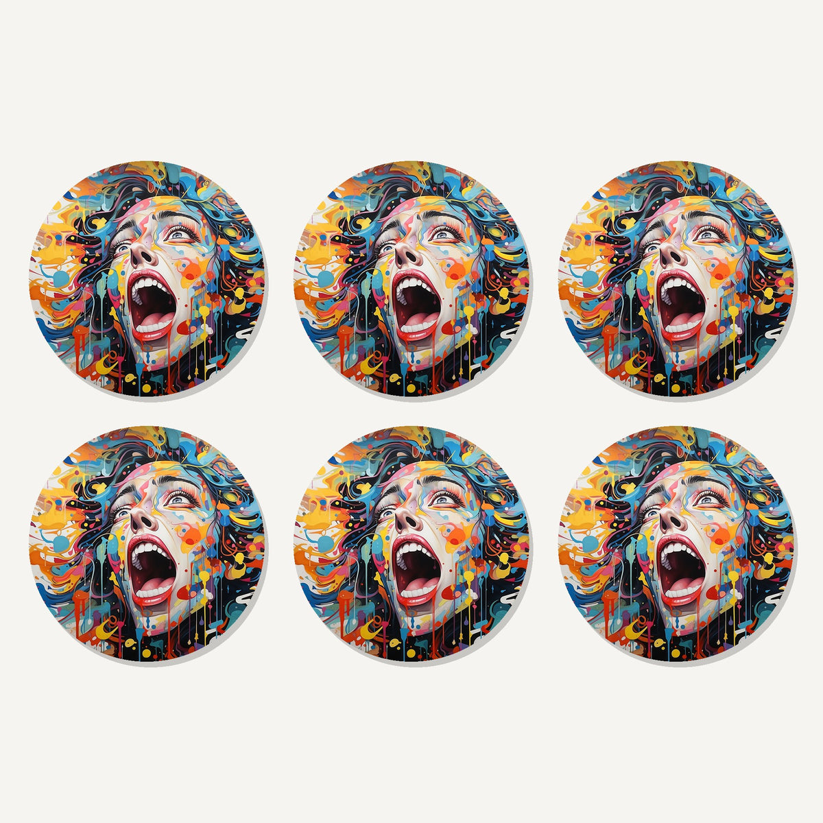 Flat lay of the graffiti expressionist face artwork on six round coasters