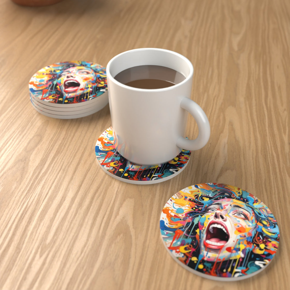 Graffiti Expressionist Face Round Ceramic Coasters – Set of 6 – lifestyle mockup with a mug of coffee