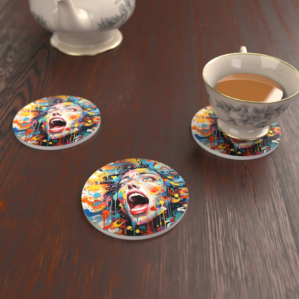 Graffiti Expressionist Face Round Ceramic Coasters – Set of 6 – lifestyle mockup with a teacup