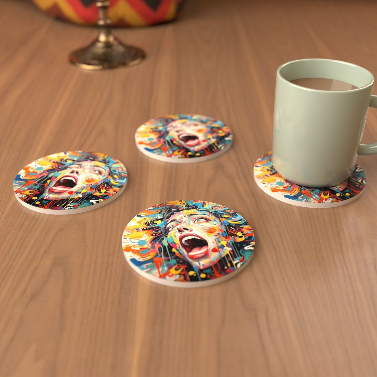 Graffiti Expressionist Face Round Ceramic Coasters – Set of 6 – cosy lifestyle mockup
