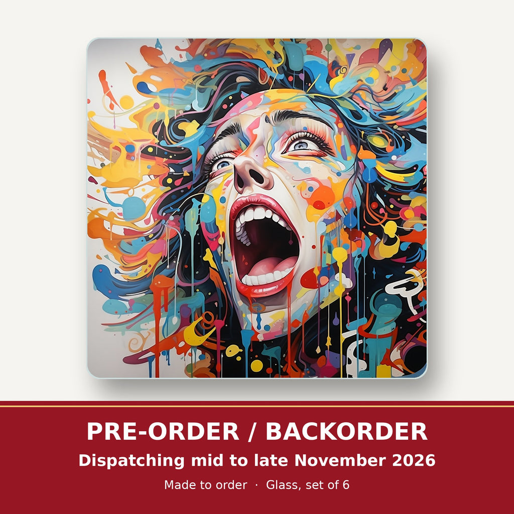 Graffiti Expressionist Face square glass coaster set of 6 – pre-order / backorder, dispatching mid to late November 2026