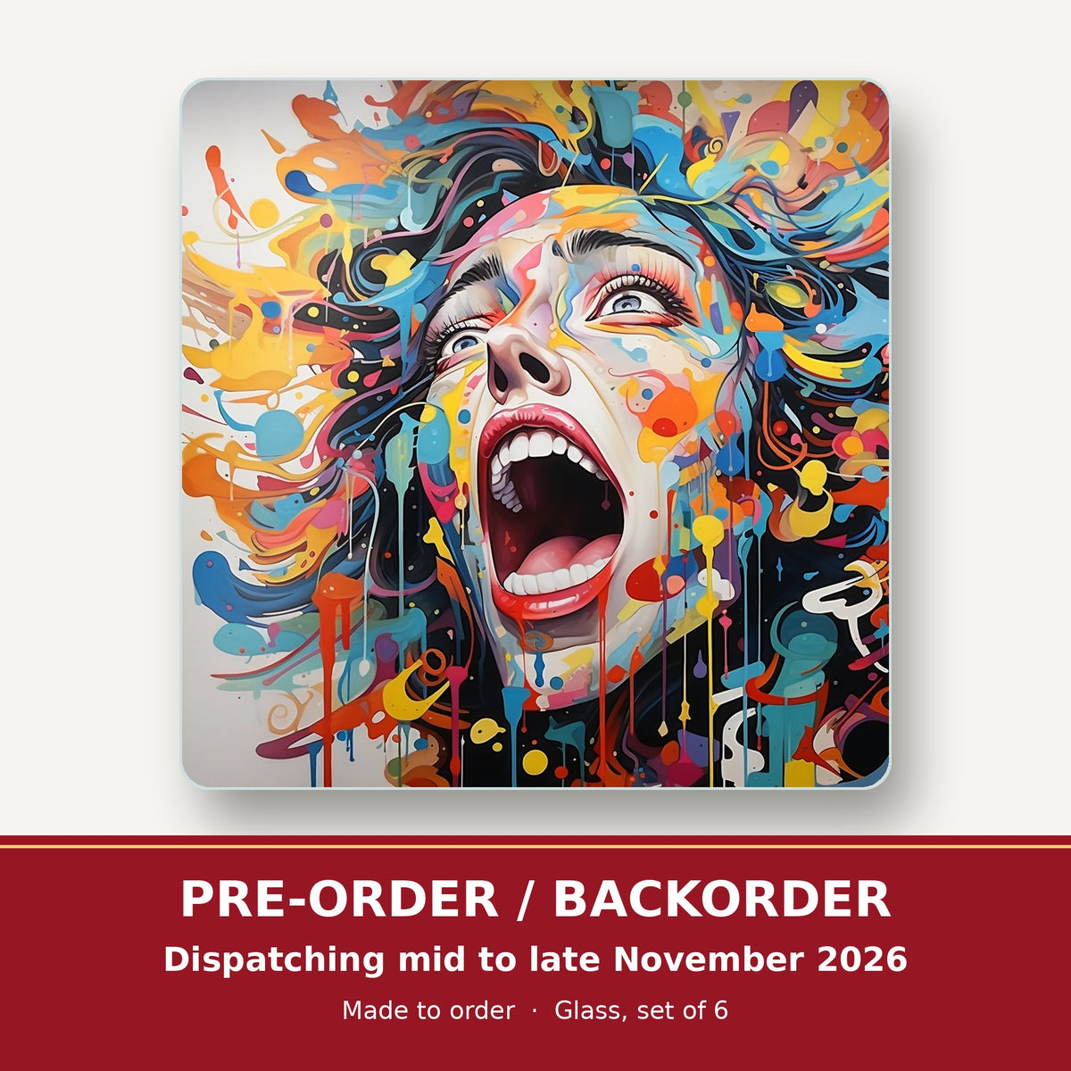 Graffiti Expressionist Face square glass coaster set of 6 – pre-order / backorder, dispatching mid to late November 2026