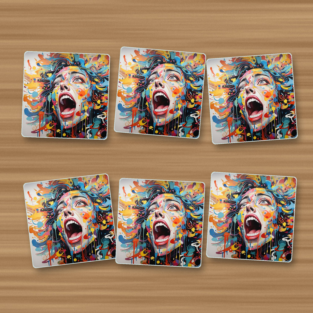Graffiti Expressionist Face square glass coasters, set of 6, on an oak coffee table