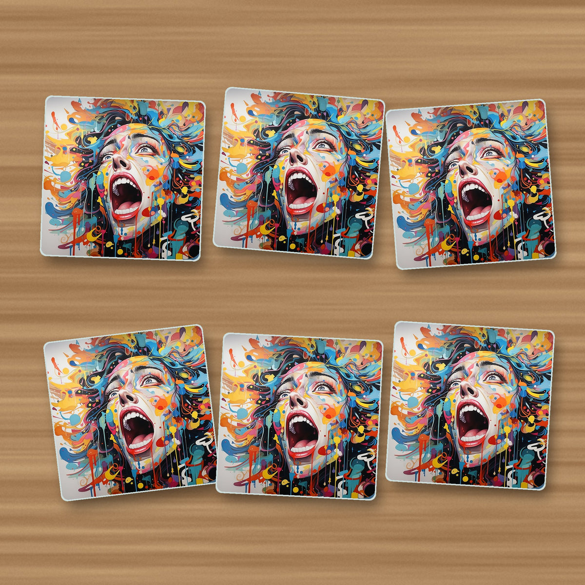 Graffiti Expressionist Face square glass coasters, set of 6, on an oak coffee table