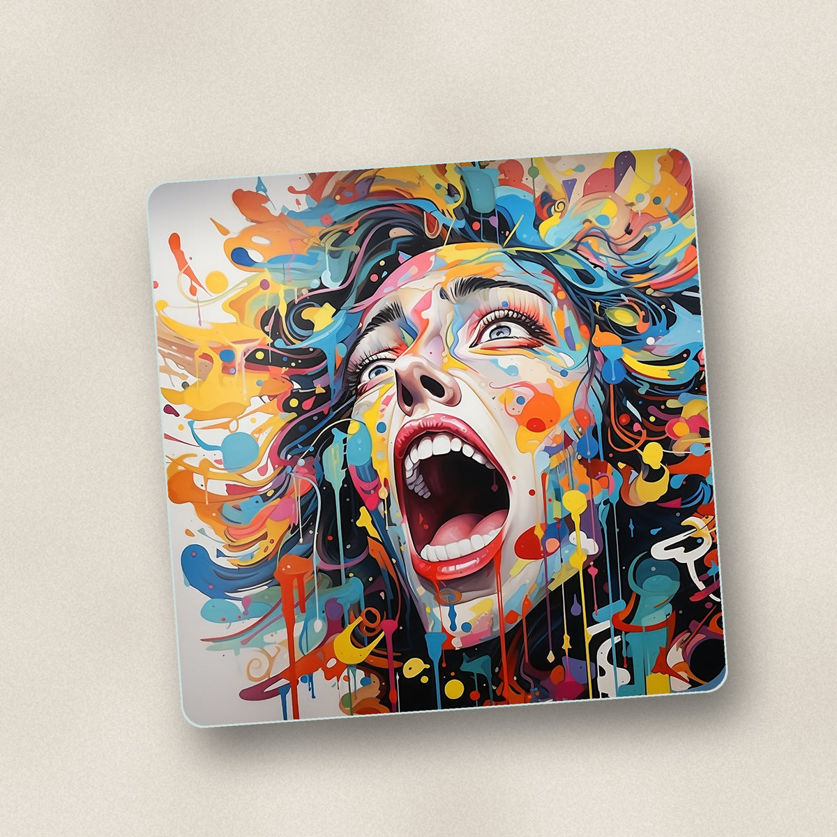 Close-up of one graffiti expressionist face square glass coaster, flat UV print