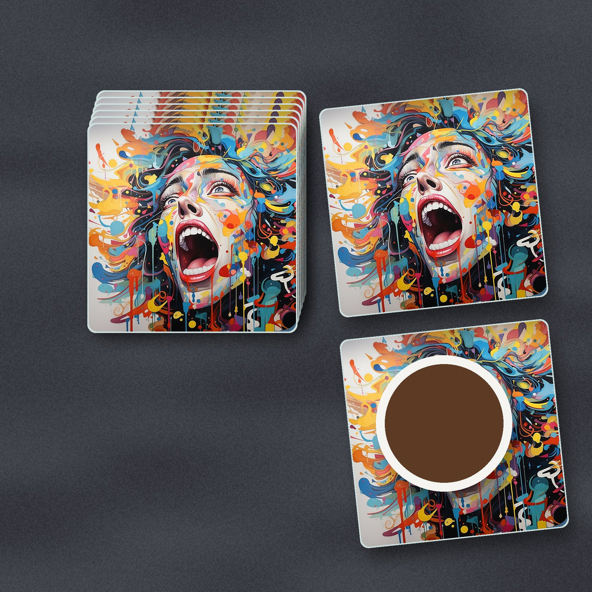 Graffiti Expressionist Face square glass coasters stacked on a slate kitchen worktop