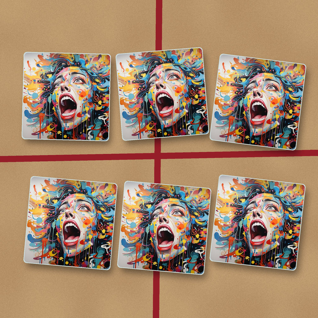 Graffiti Expressionist Face square glass coasters on kraft gift wrap