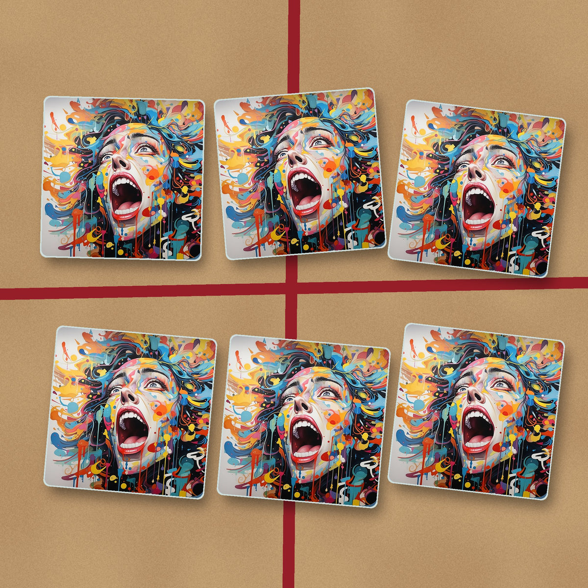 Graffiti Expressionist Face square glass coasters on kraft gift wrap