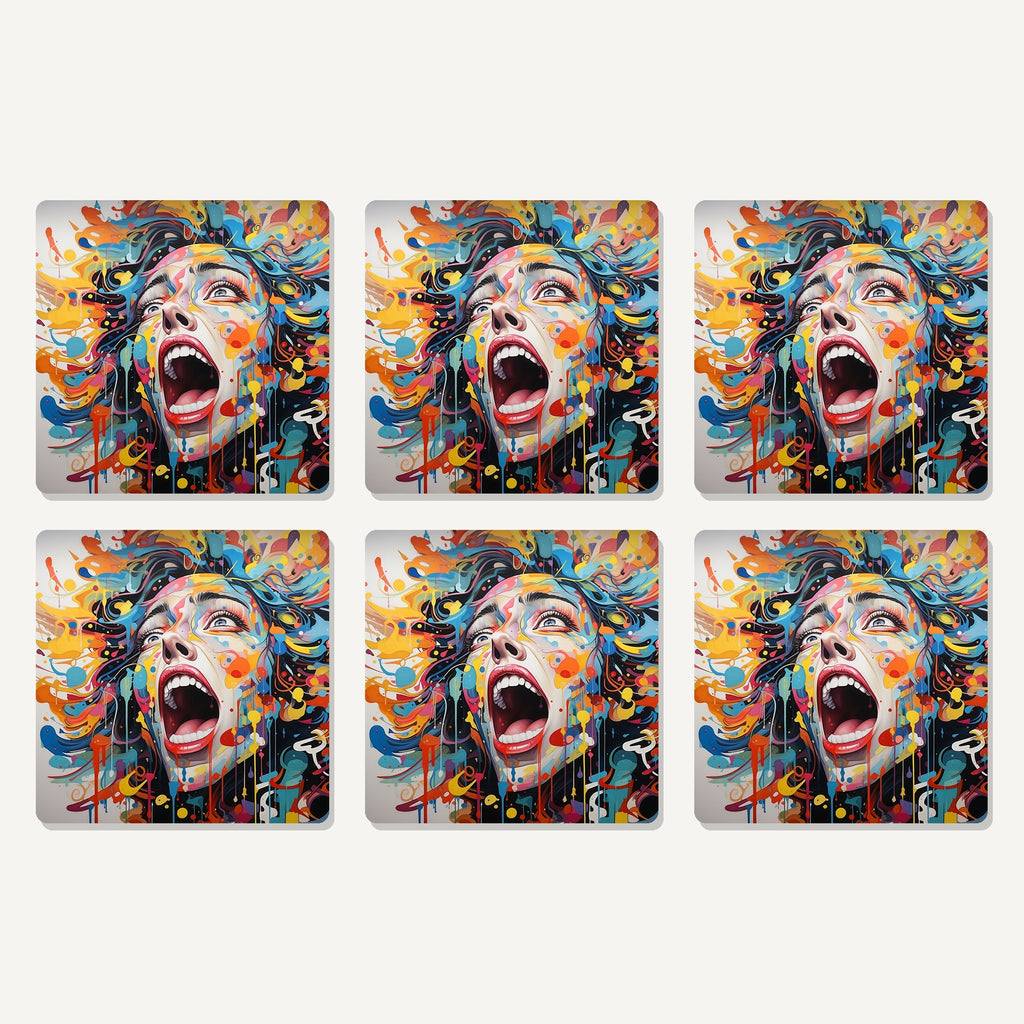 Flat lay of the graffiti expressionist face artwork on six square coasters
