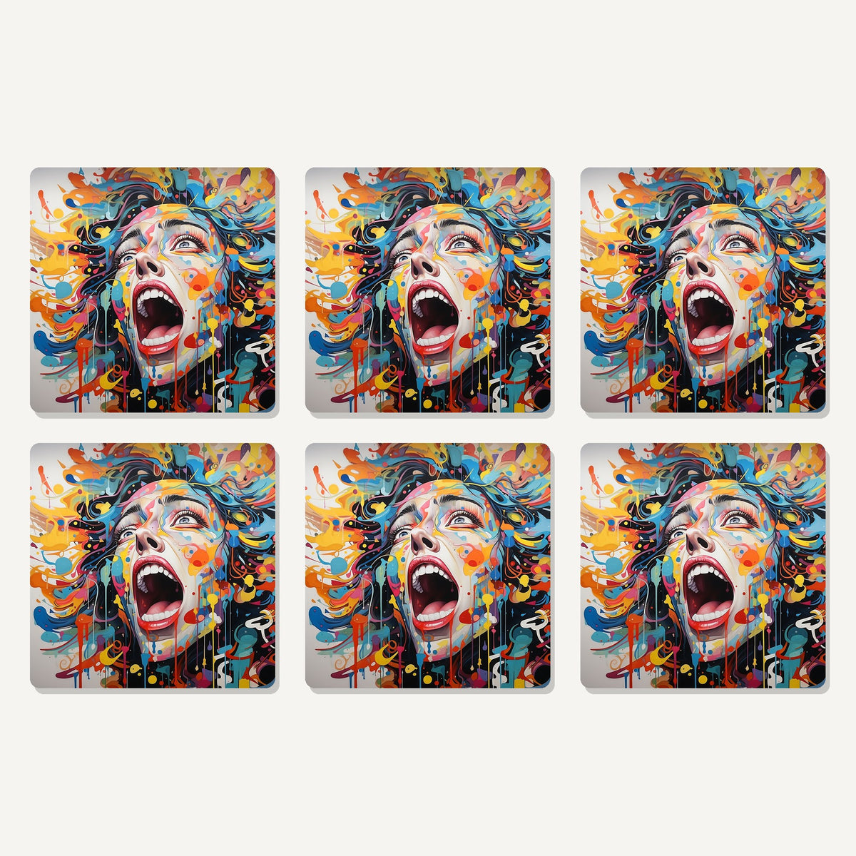 Flat lay of the graffiti expressionist face artwork on six square coasters