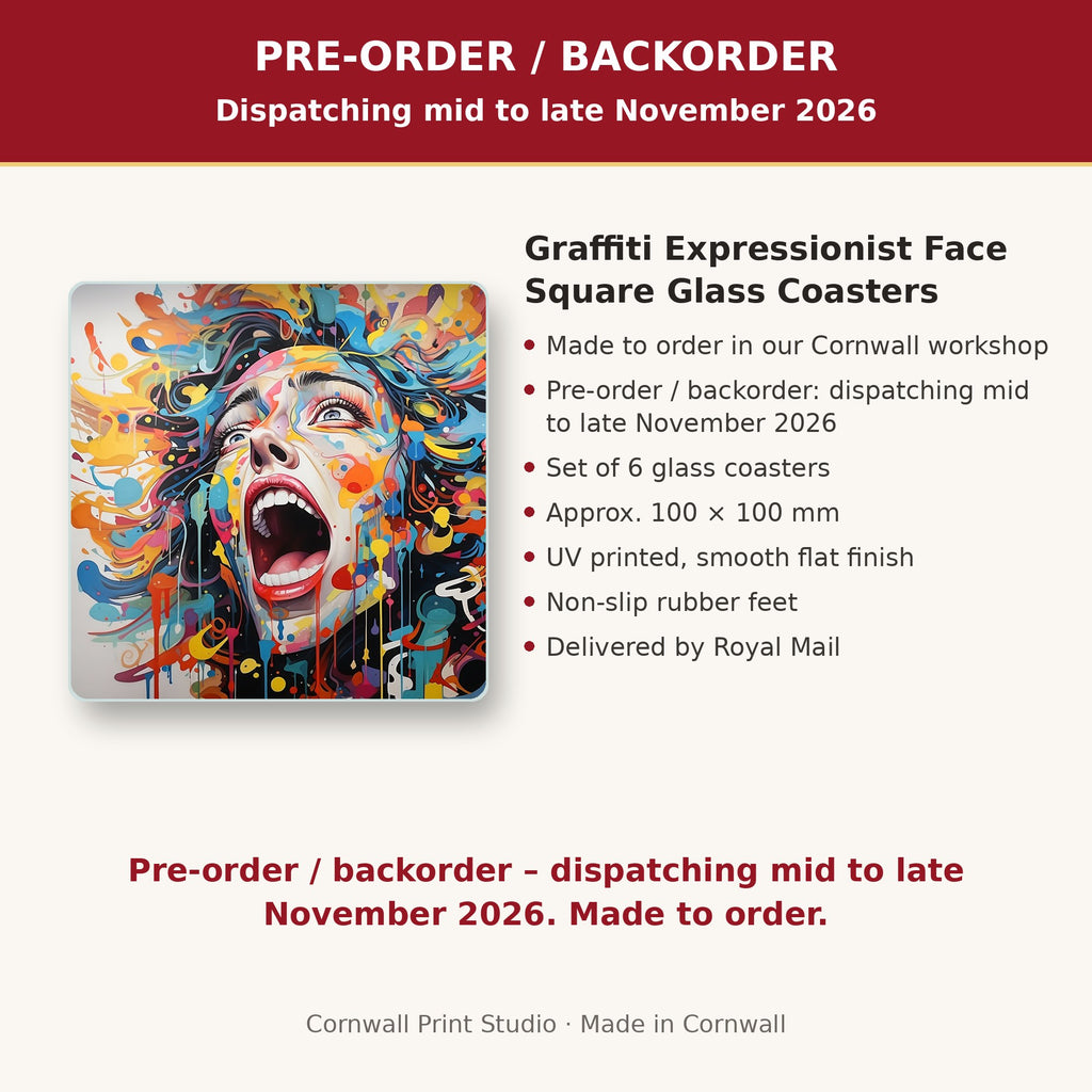 Info card: Graffiti Expressionist Face Square Glass Coasters – Set of 6, made to order, dispatching mid to late November 2026, delivered by Royal Mail