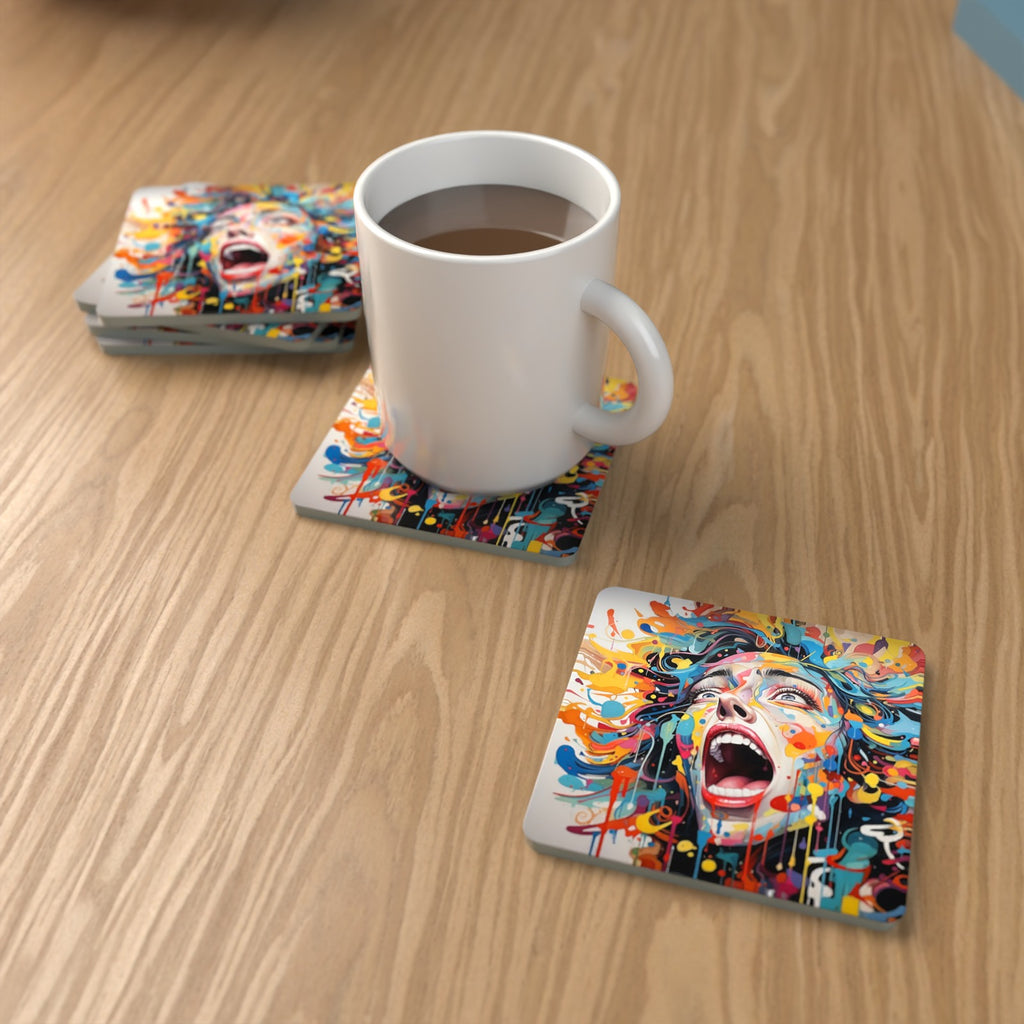 Graffiti Expressionist Face Square Glass Coasters – Set of 6 – lifestyle mockup with a mug of coffee