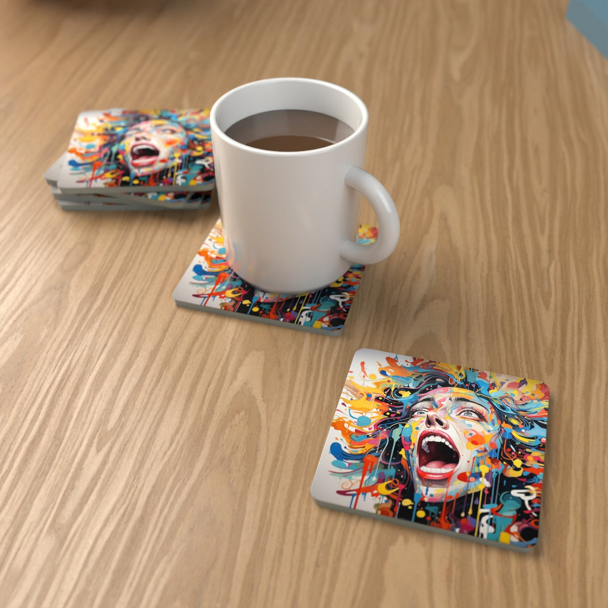 Graffiti Expressionist Face Square Glass Coasters – Set of 6 – lifestyle mockup with a mug of coffee