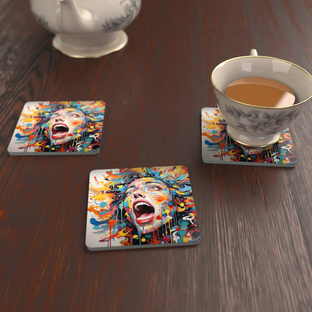 Graffiti Expressionist Face Square Glass Coasters – Set of 6 – lifestyle mockup with a teacup