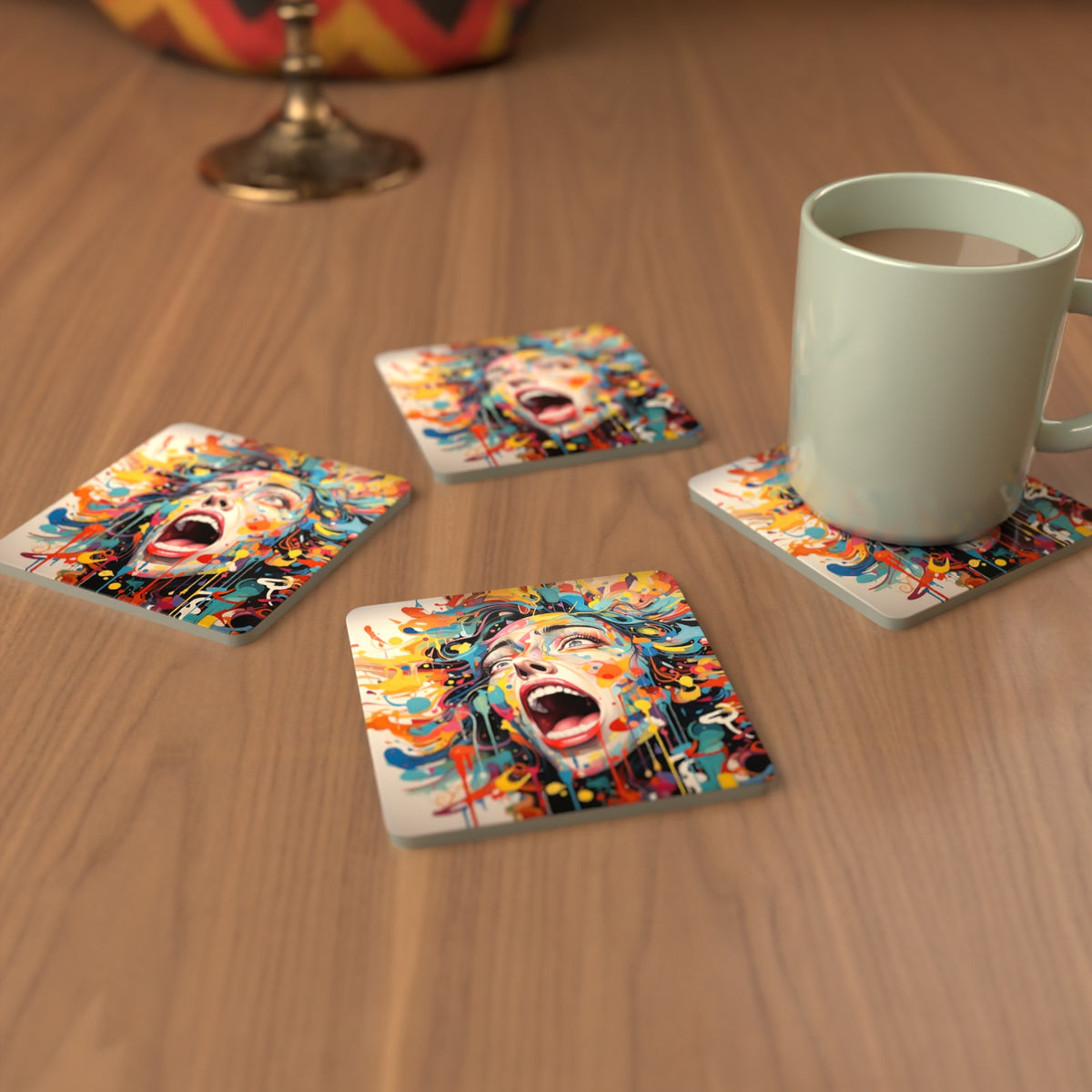 Graffiti Expressionist Face Square Glass Coasters – Set of 6 – cosy lifestyle mockup