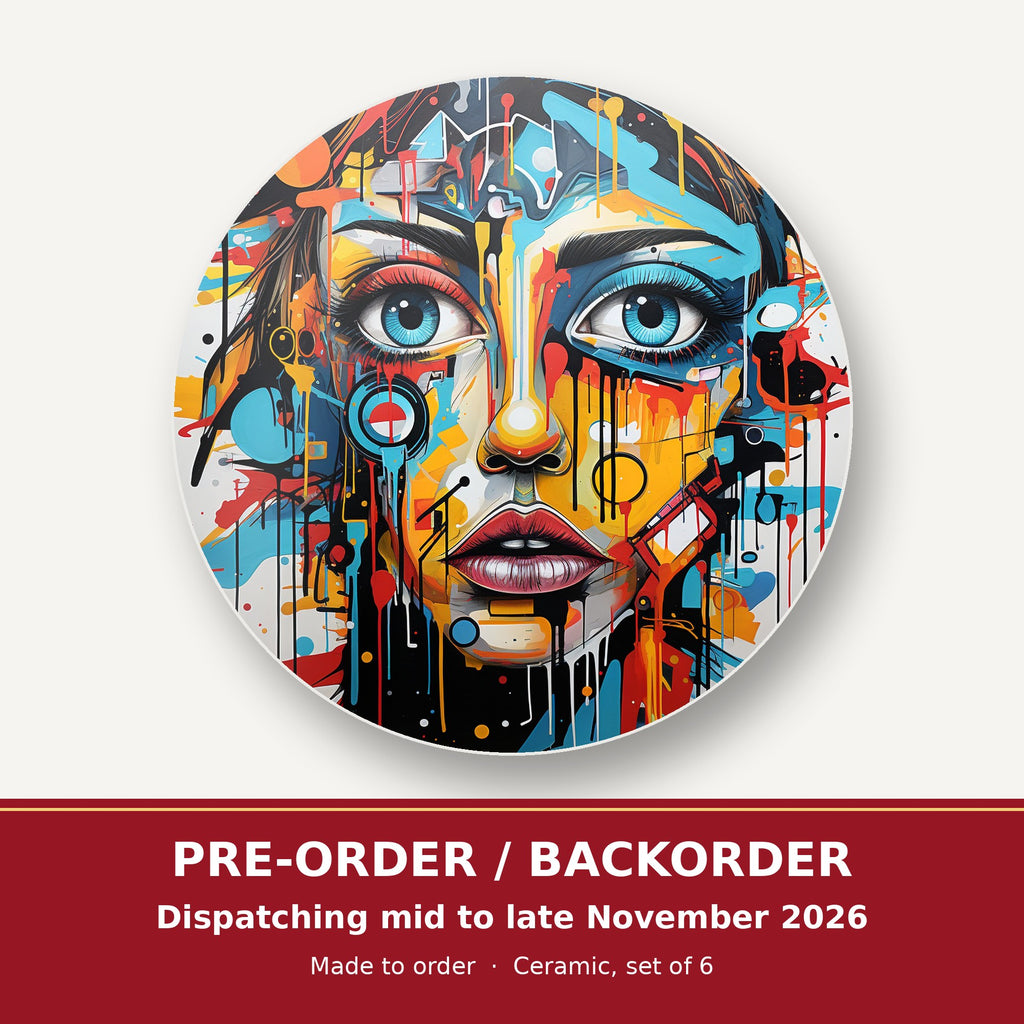 Graffiti Expressionist Portrait No.2 round ceramic coaster set of 6 – pre-order / backorder, dispatching mid to late November 2026