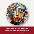Graffiti Expressionist Portrait No.2 round ceramic coaster set of 6 – pre-order / backorder, dispatching mid to late November 2026